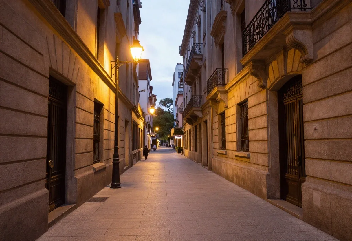 Placa de calle porteña sobre muro de piedra iluminado de noche