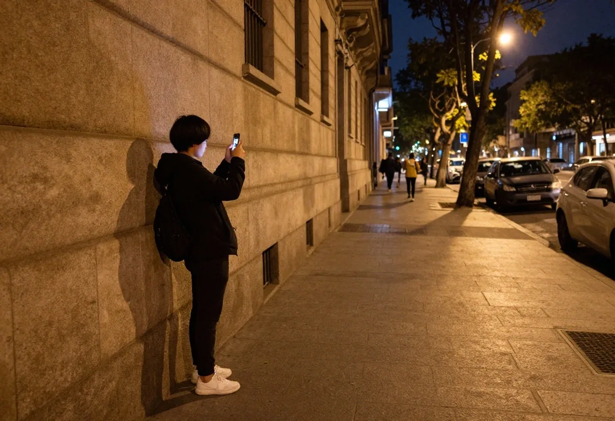 Visitante fotografiando una placa junto a la pared sin bloquear la vereda