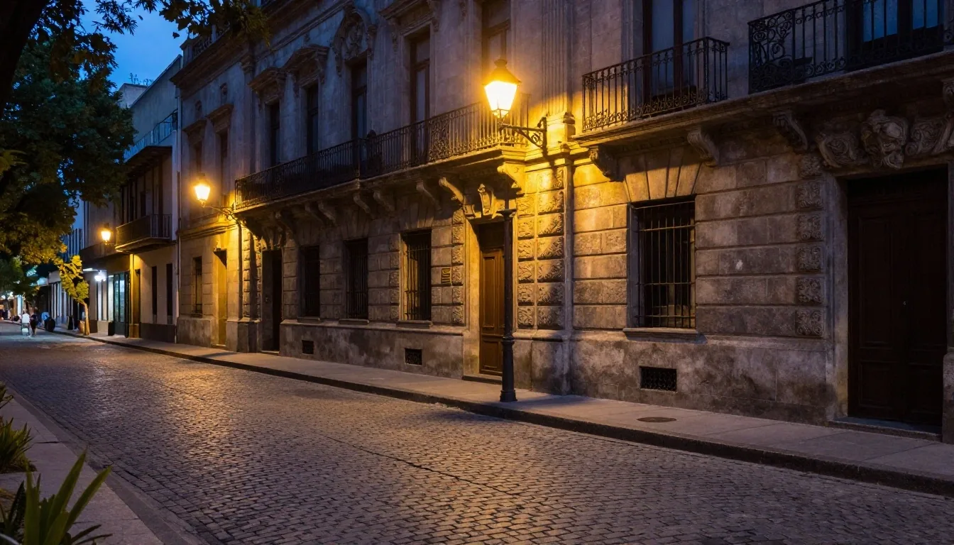 Fachada de piedra del centro porteño al anochecer con luz cálida