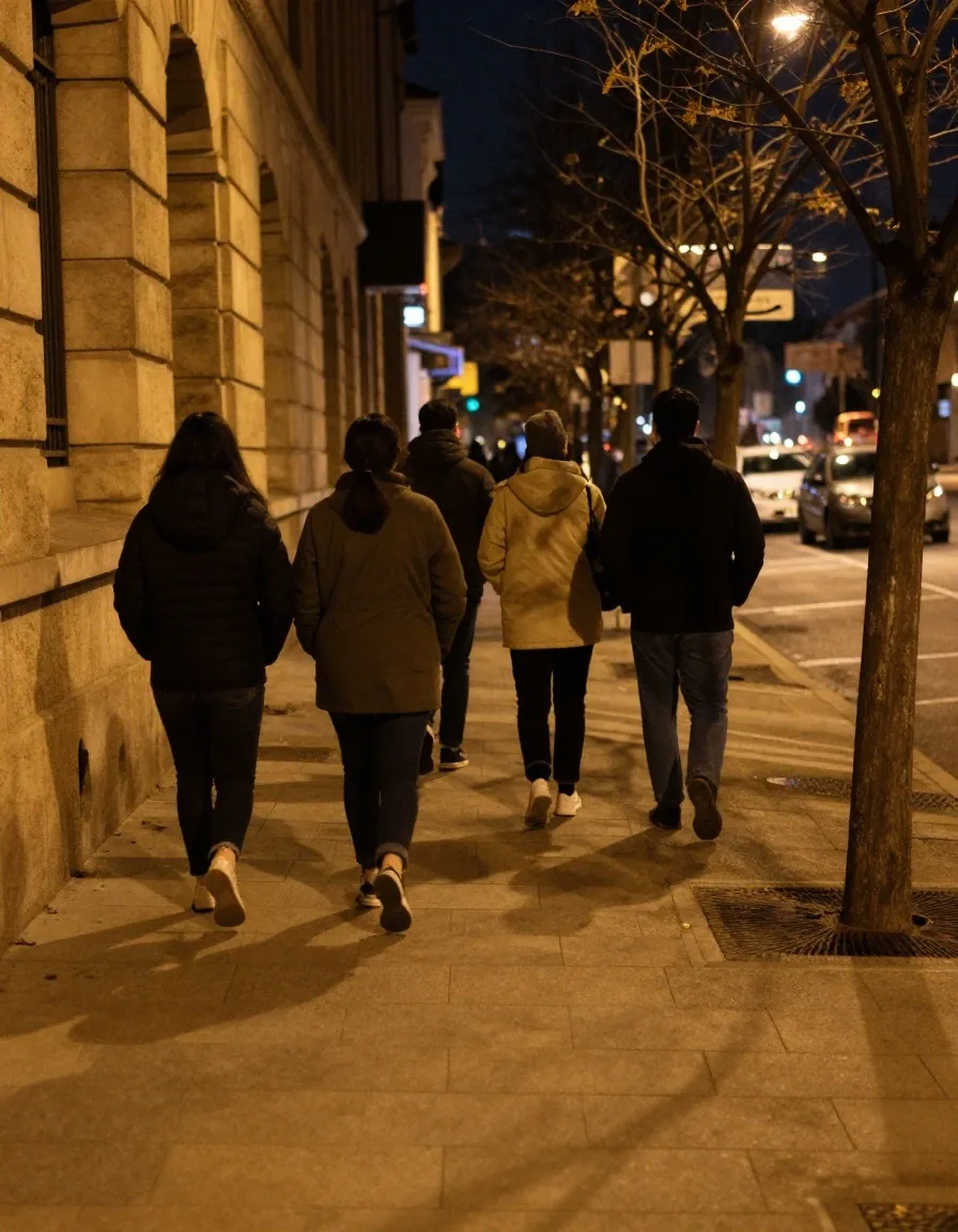 Grupo reducido en caminata nocturna por una vereda iluminada del centro